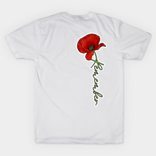 Red Poppy Flower with Memorial Text Stem Horizontal Back Version (MD23Mrl007c) T-Shirt